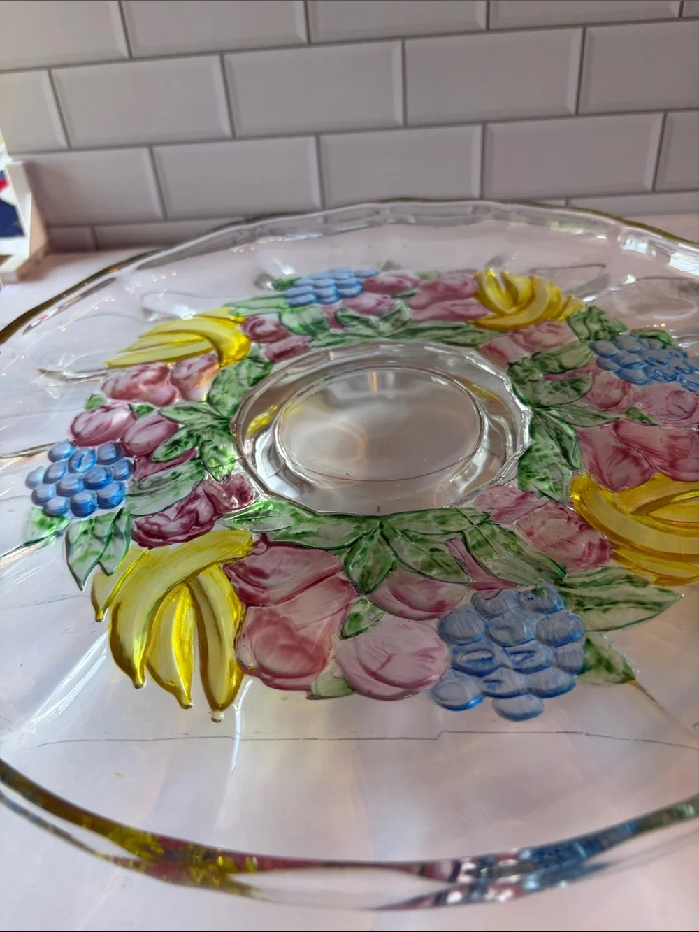 Hand-Painted Glass Serving Bowl with Floral Fruit Motif